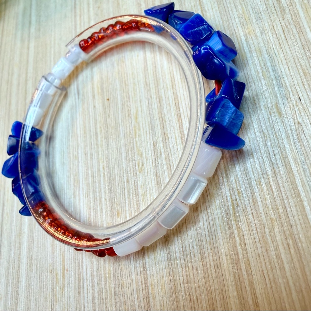 Red White & Blue Stretch Bracelet | Glass, Mother of Pearl & Blue Tiger’s Eye